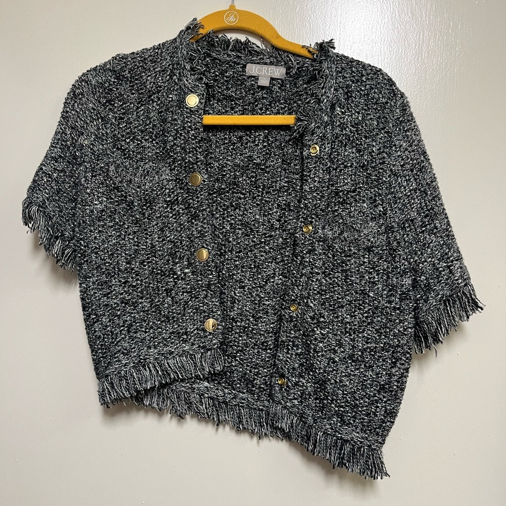 J. Crew Black and Gray Marled Tweed Sweater Short Sleeve Lady Jacket Size Small